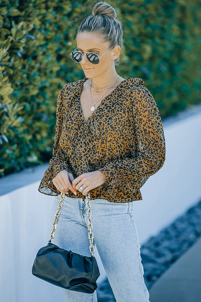 Leopard Ruffled V-Neck Peplum Blouse