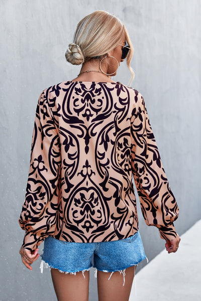 Damask Lantern Sleeve V-Neck Top