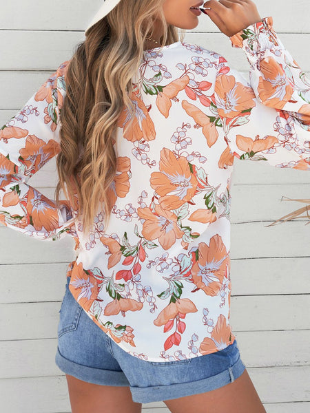 Floral Smocked Cuff Lantern Sleeve Blouse