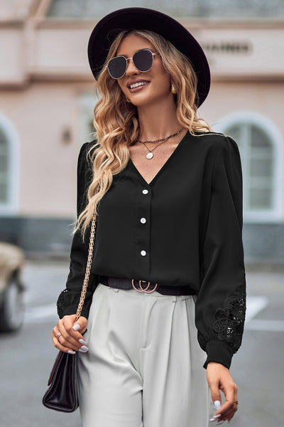 Spliced Lace V-Neck Puff Sleeve Shirt