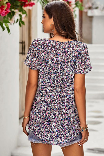 Floral Round Neck Curved Hem Top