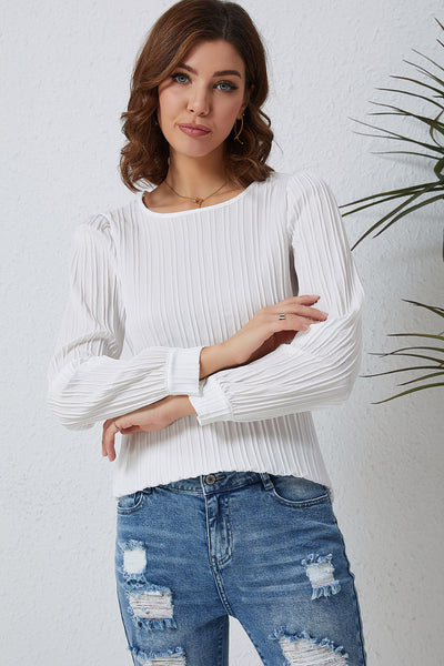 Ribbed Round Neck Long Sleeve Top