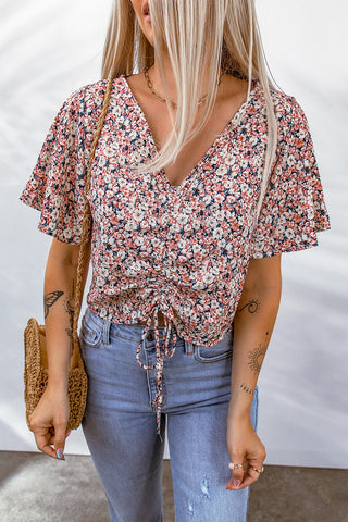 Floral Flutter Sleeve Drawstring Cropped Blouse