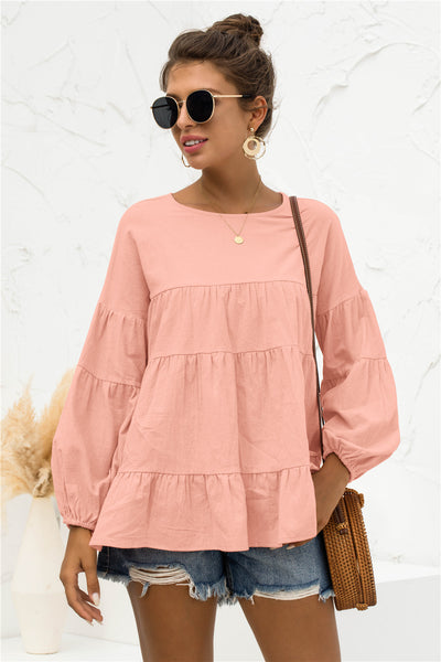 Round Neck Bubble Sleeve Tiered Blouse