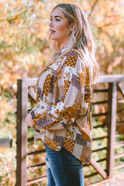 Plus Size Patchwork Balloon Sleeve Blouse