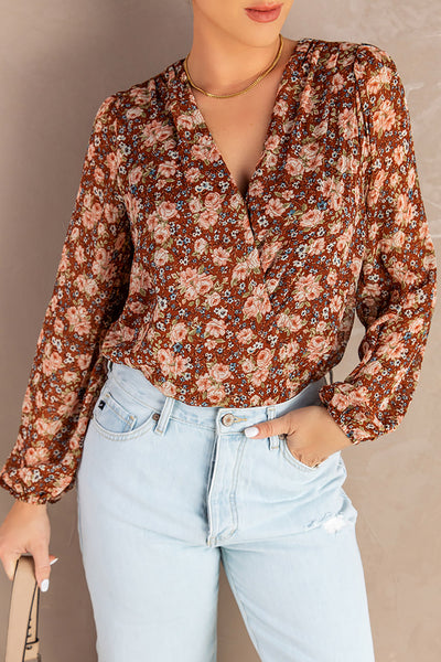 Floral Balloon Sleeve Surplice Blouse