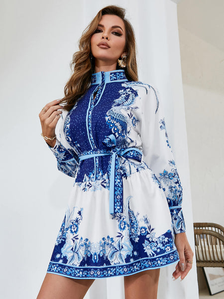 Printed Bishop Sleeve Belted Dress