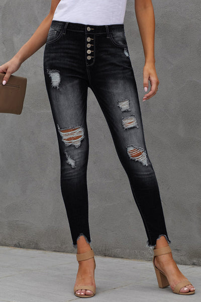 Button Fly Hem Detail Ankle-Length Skinny Jeans