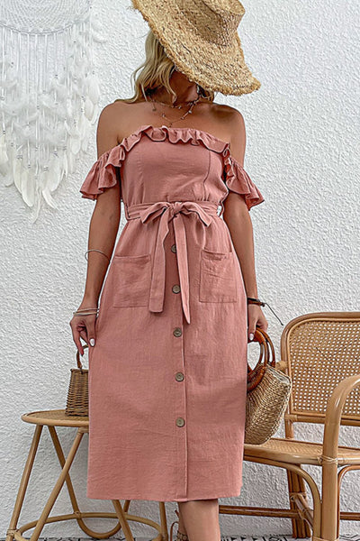 Off-Shoulder Ruffle Belted Button-Front Dress