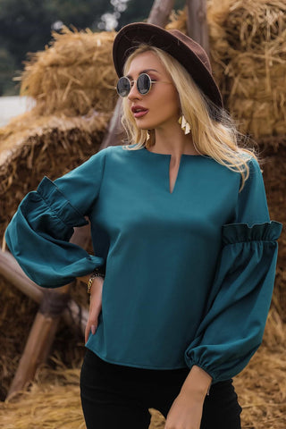 Ruffled Balloon Sleeve Notched Neck Blouse