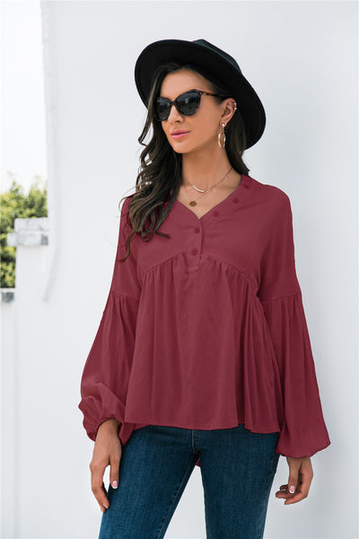 Button Detail Lantern Sleeve Peplum Top