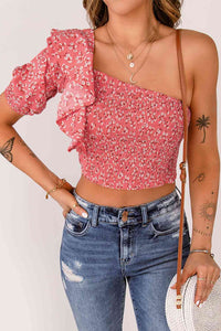 Ditsy Floral Ruffled One-Shoulder Smocked Top