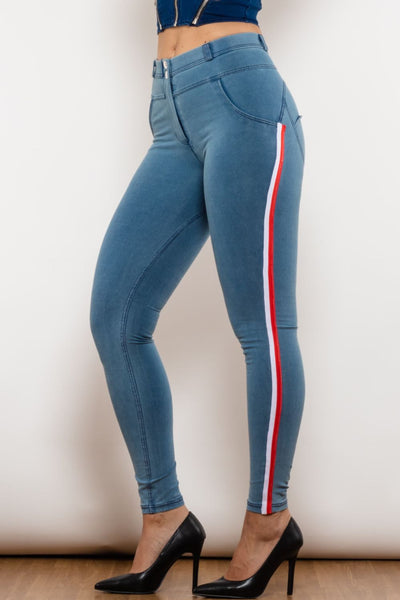 Side Stripe Contrast Buttoned Skinny Jeans