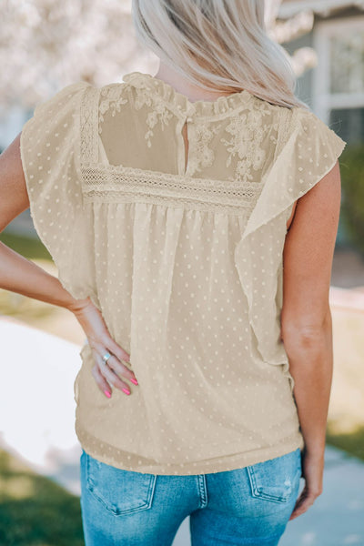 Swiss Dot Spliced Lace Flutter Sleeve Top