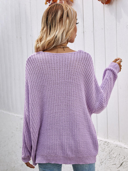 Rib-Knit Drop Shoulder V-Neck Pullover Sweater