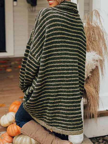 Striped Turtleneck Sweater with Pockets