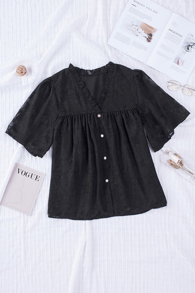 Applique Frill Trim V-Neck Blouse