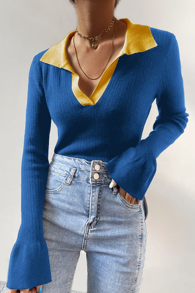 Contrast  Johnny Collar Flare Sleeve Knit Top