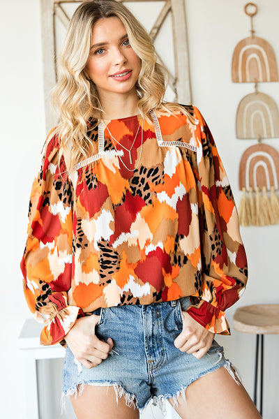 Printed Flounce Sleeve Buttoned Blouse