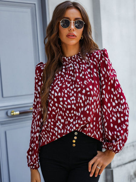 Printed Mock Neck Puff Sleeve Blouse