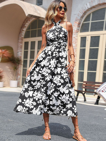 Printed Tie-Back Backless Midi Dress