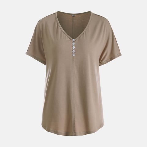 Decorative Button Curved Hem V-Neck Top