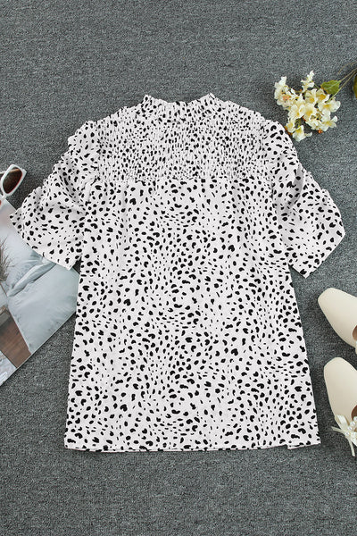 Printed Smocked Mock Neck Blouse