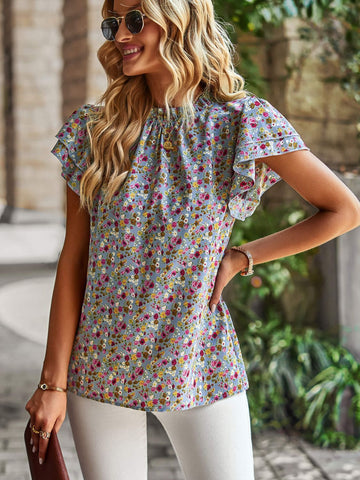 Ditsy Floral Flutter Sleeve Keyhole Top