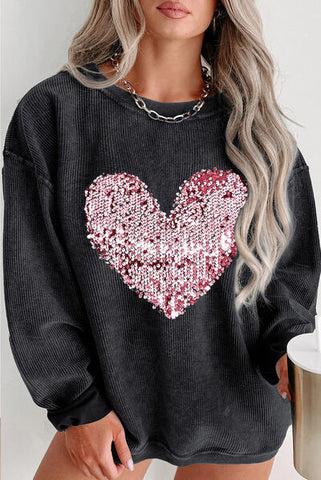 Plus Size Heart Sequin Round Neck Sweatshirt