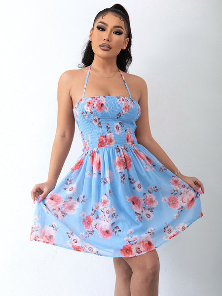 Floral Halter Neck Smocked Dress