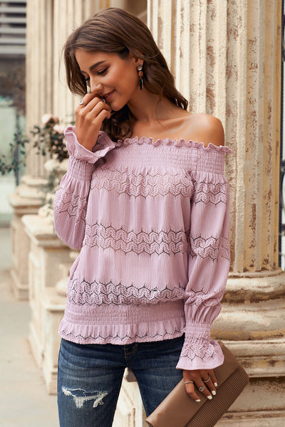 Off Shoulder Smocked Long Sleeve Blouse