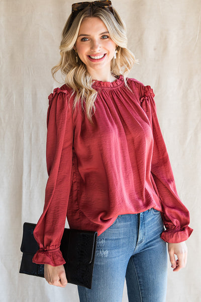 Frilled Neck Long Flounce Sleeve Blouse