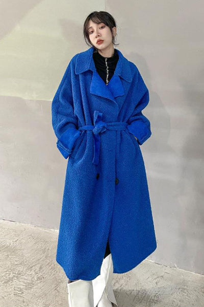 Double-Breasted Belted Lapel Collar Sherpa Coat