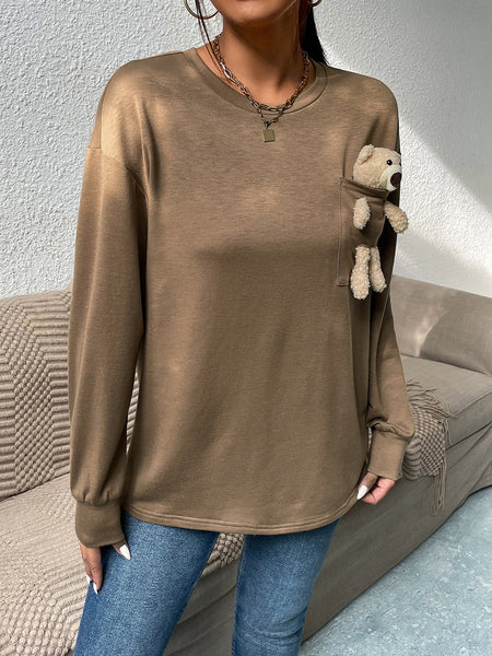 Round Neck Dropped Shoulder Top with Toy Bear