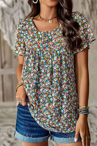 Floral Round Neck Curved Hem Top