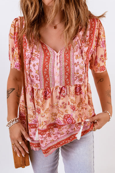 Bohemian Buttoned Short Puff Sleeve Blouse