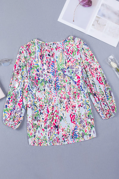 Printed Round Neck Balloon Sleeve Blouse