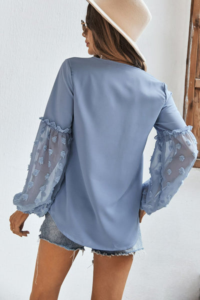 Frill Trim Swiss Dot Spliced Mesh Sleeve Top