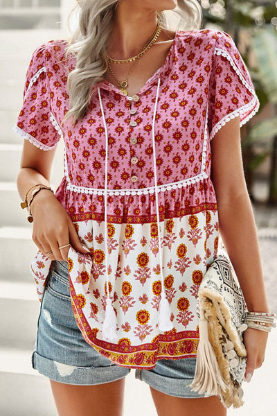 Bohemian Tie Neck Buttoned Blouse