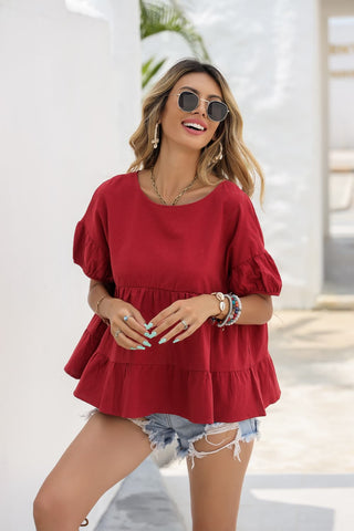 Round Neck Ruched Short Sleeve Blouse