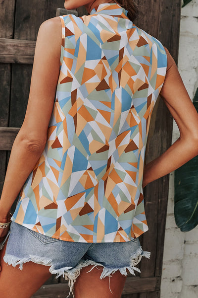 Geometric Print Tie Neck Sleeveless Blouse