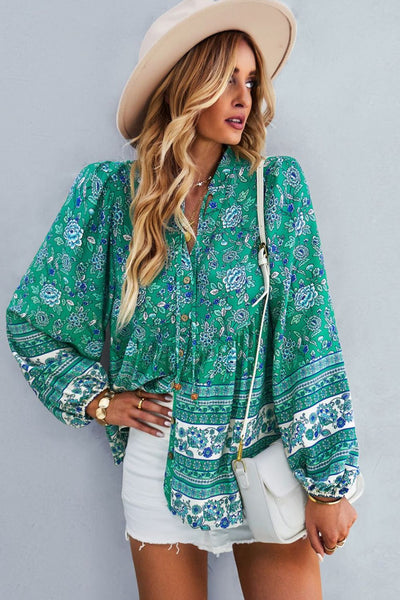 Bohemian Tie Neck Balloon Sleeve Top