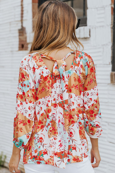 Floral Square Neck Three-Quarter Sleeve Blouse