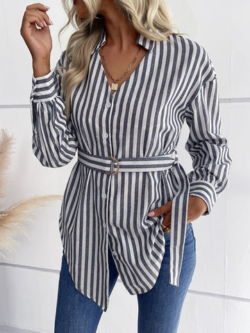 Striped Curved Hem Belted Shirt