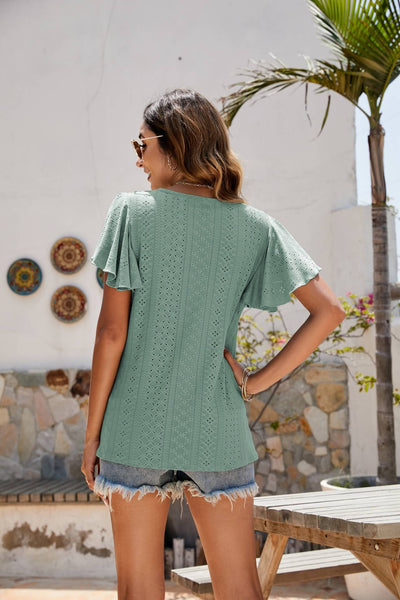 Eyelet Flutter Sleeve Short Sleeve Top