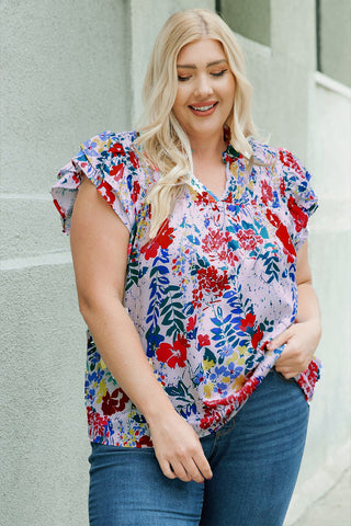 Plus Size Floral Smocked Flutter Sleeve Blouse