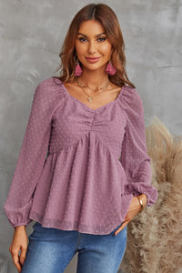 Swiss Dot Ruched V-Neck Babydoll Blouse