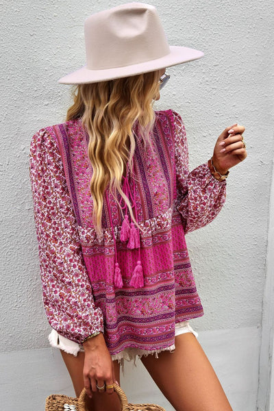 Bohemian Tassel Tie Puff Sleeve Blouse