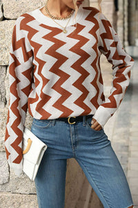 Chevron Ribbed Trim Dropped Shoulder Sweater