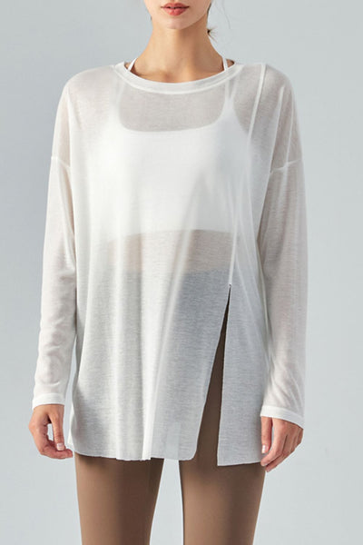 Round Neck Slit Sheer Tunic Sports Top